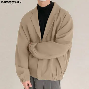 INCERUN 2023 Мужские куртки Однотонный лацкан на молнии С длинным рукавом Повседневные мужские пальто Уличная одежда Корейская свободная стильная верхняя одежда S-5XL