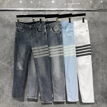 Новый корейский модный бренд Джинсы Мужские джинсы Four Seasons Джинсы 4-полосатые прямые обычные эластичные джинсовые брюки Дизайнерские мужские джинсы