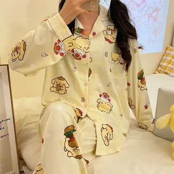 Sanrio Kawaii Pompom Purin Пижама Аниме Мультфильм Длинные брюки с длинным рукавом Пижама Студент Повседневная свободная домашняя одежда Набор Подарок для девочек